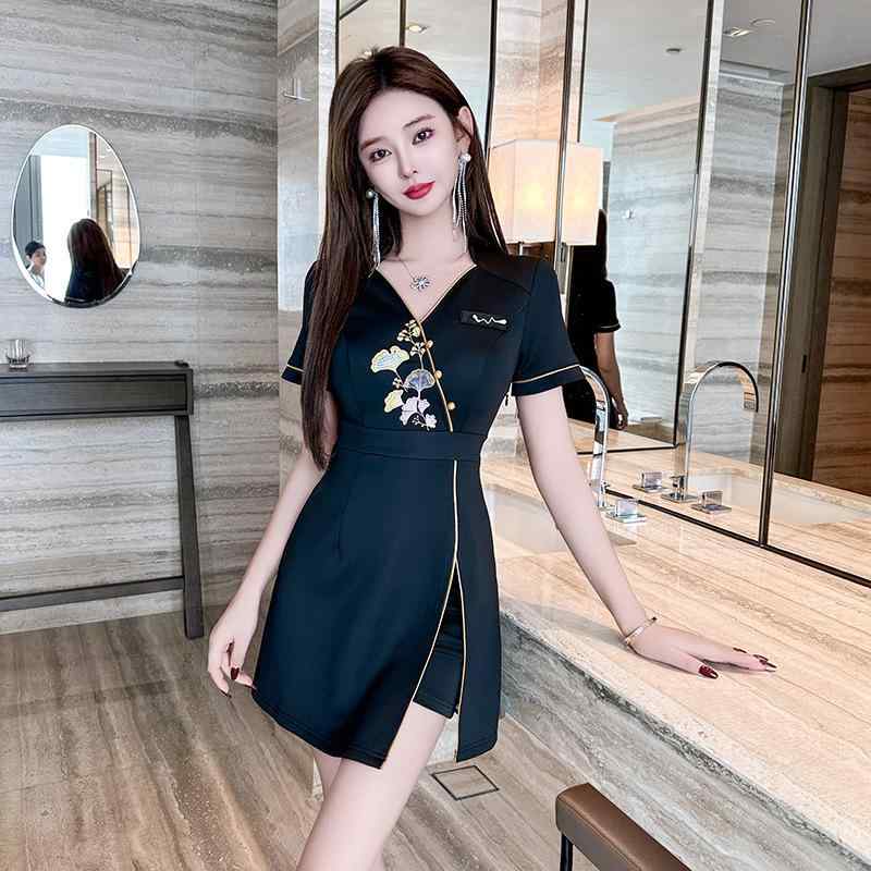 ワンピース レディース ナイトワーク 制服 半袖 Vネック エステ スパ 施術服 細見え ウエストマーク Aライン フットケア マッサージ ユニフォーム(x2)