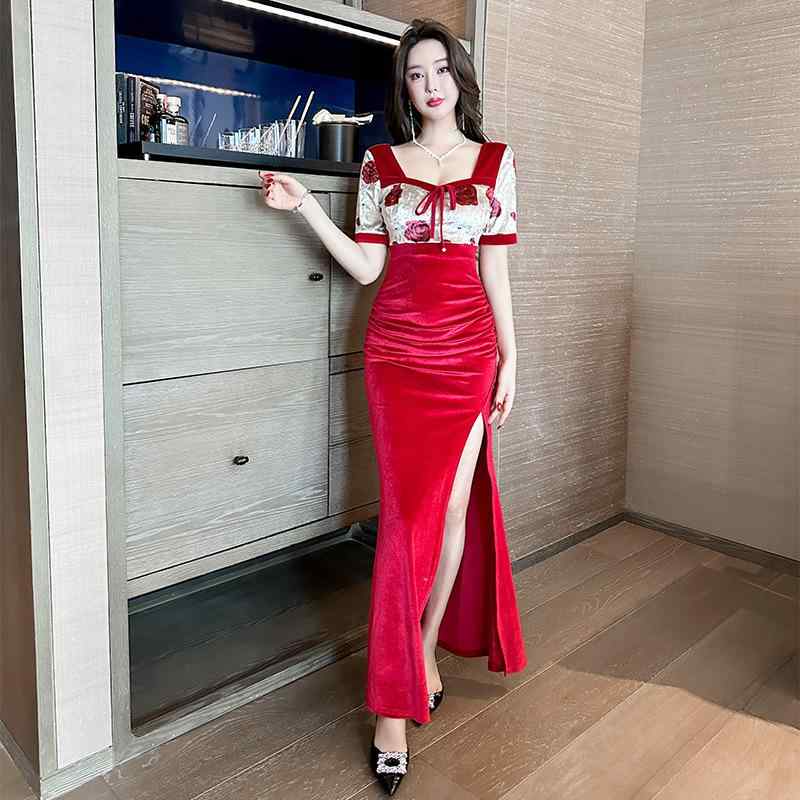 ワンピース レディース Vネック 半袖 スリット入り タイト ロング丈 セクシー エレガント ナイトドレス イブニング フォーマル 制服 ユニフォーム スタイルアップ 伸縮性 無地(x2)