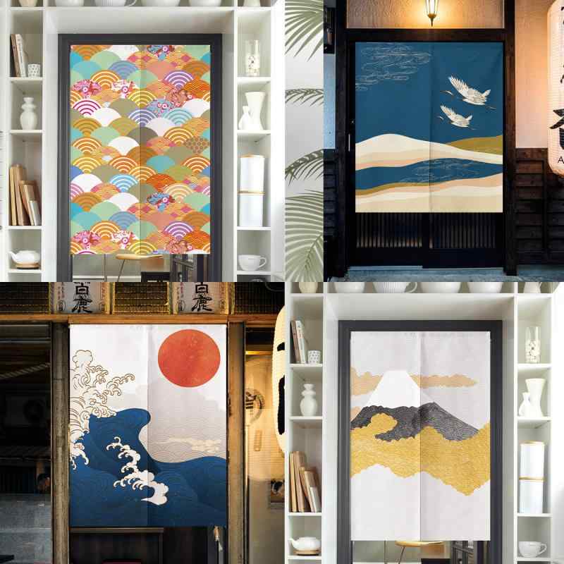 のれん 穴あけ不要 突っ張り式 半遮光 間仕切り 目隠し 和風 キッチン 寝室 リビング 玄関 トイレ ショート丈 ポリエステル製 ファブリック(x2)