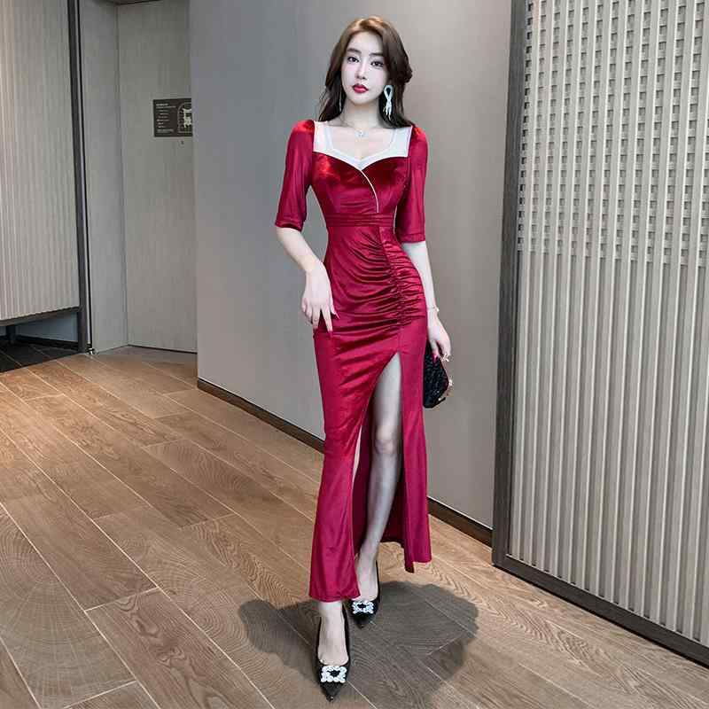 ワンピース レディース エレガント 高級感 セクシー タイト スリット ロング丈 パーティードレス Vネック 五分袖(x2)