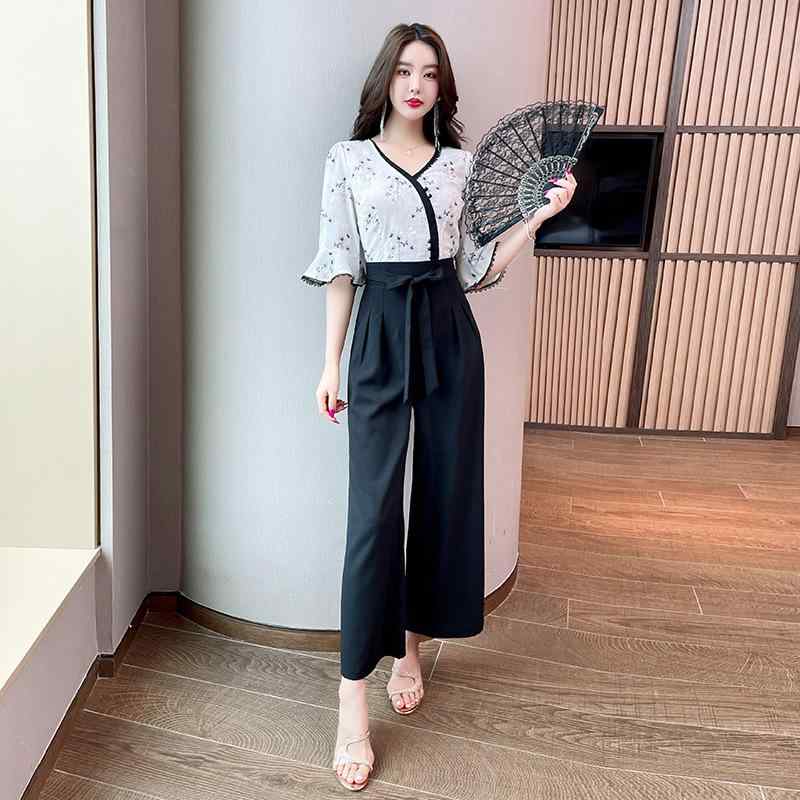 制服 レディース 吸汗速乾 レトロ モダンチャイナ風 美容院 エステサロン フットケア セラピスト ユニフォーム 半袖 Vネック ロングパンツ セットアップ ブラック