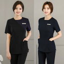 ユニフォーム レディース 美容 エステ サロン スキンケア 施術服 半袖 セットアップ 上下セット 韓国風 ポリエステル素材 ブラック パープル バイカラー 動きやすい 快適 仕事着 作業服
