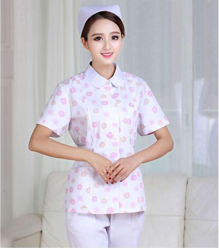 医療用ユニフォーム レディース 吸汗速乾 コットン混紡 小花柄 半袖 スクラブ 上下セット スリムフィッ..