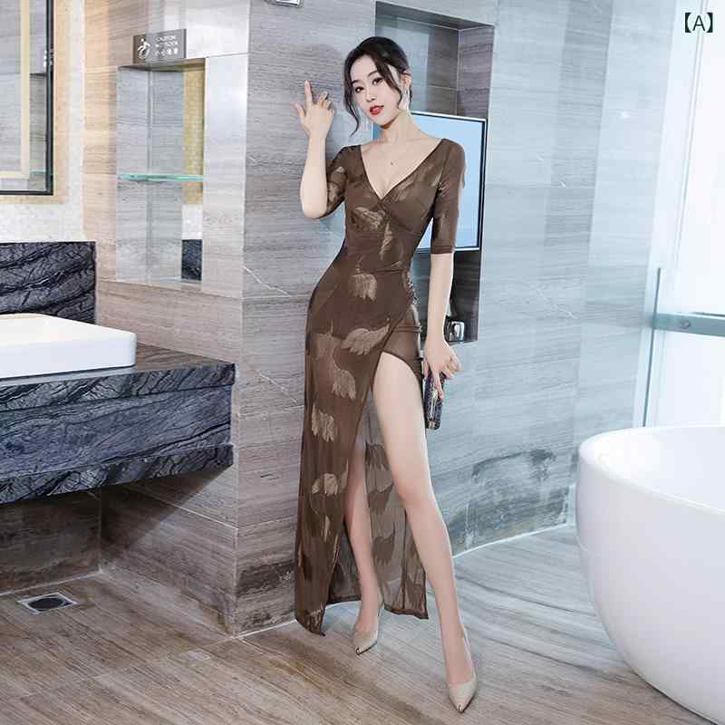 ワンピース レディース 秋冬 セクシー レース 切り替え タイト Vネック 五分袖 ロング丈 エレガント 上品 着痩せ効果 ボディライン ナイトドレス パーティードレス お呼ばれ フォーマル