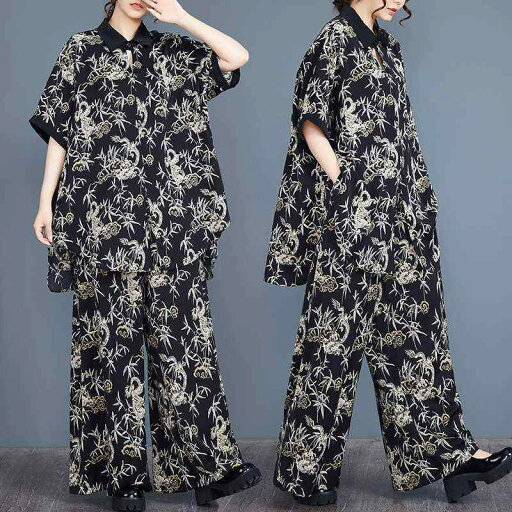 セットアップ レディース ゆったり ポロ襟 配色切り替え 竹葉龍柄プリント 長袖 トップス ワイドパンツ きれいめ 通勤 カジュアル 春夏 ポリエステル素材(x2) セットアップ レディース ゆったり ポロ襟 配色切り替え 竹葉龍柄プリント 長袖 トップス ワイドパンツ きれいめ 通勤 カジュアル 春夏 ポリエステル素材(x2)