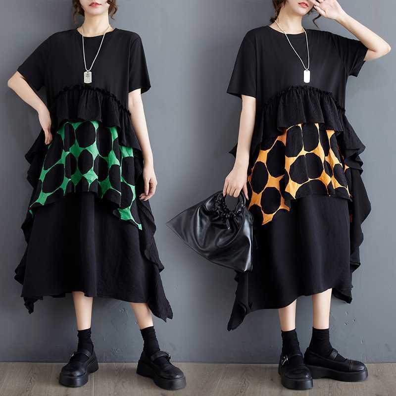 ワンピース レディース 春夏 半袖 クルーネック フェイクレイヤード ドット柄 水玉 切り替え アシンメトリー ミディ丈 Aライン ゆったり フリル袖 カジュアル リラックス(x2)