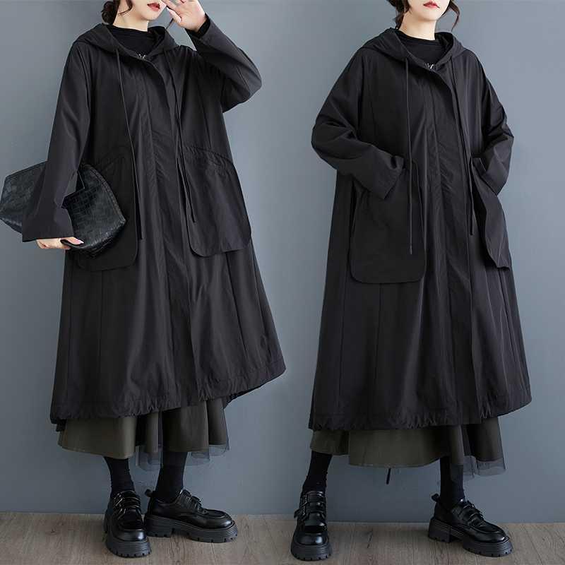 トレンチコート レディース 春秋 フード付き ロング丈 オーバーサイズ ビッグポケット パッチポケット ライトアウター ストリート系 着回し おしゃれ カジュアル ブラック 無地(x2)(4)