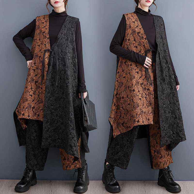 レディース セットアップ 秋冬 ゆったり レトロ 配色 切り替え 立体花柄 ベスト カーディガン ストレー..