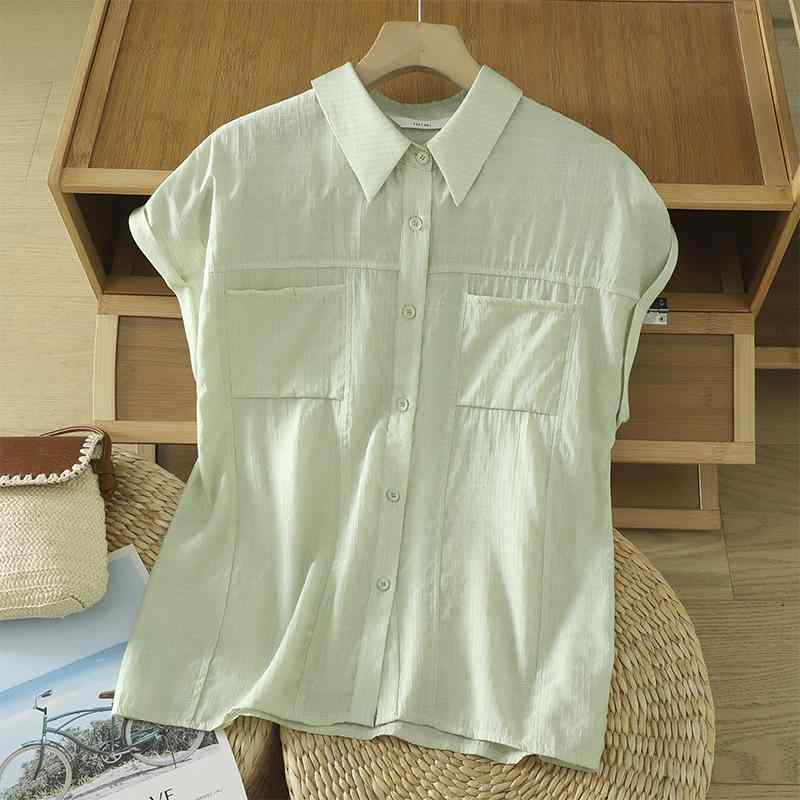 ブラウス レディース ゆったり 大きいサイズ 薄手 ノースリーブ ポロ襟 春夏 切り替えデザイン 無地 ポリエステル 前開き ボタン付き カジュアル グリーン おしゃれ