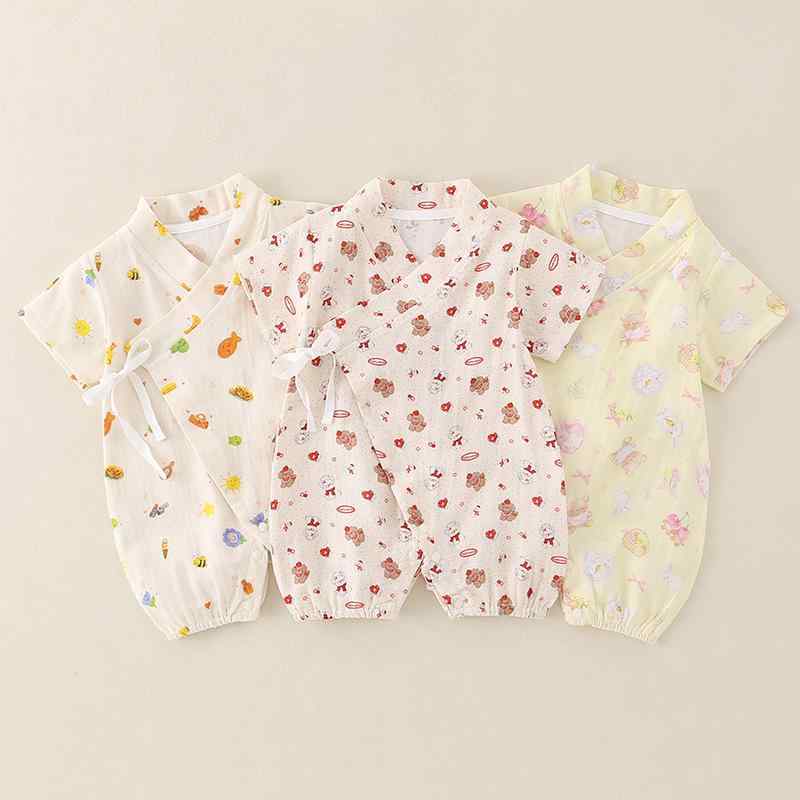 ロンパース ベビー 男女兼用 綿100% ガーゼ 薄手 軽量 短袖 吸汗速乾 肌に優しいA類基準 前開き 新生児 赤ちゃん 春夏 カバーオール 60 70 80 90cm