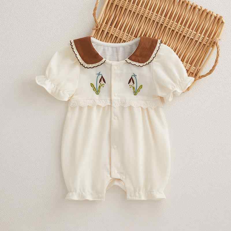 ロンパース ベビー服 女の子 春夏 半袖 薄手 前開き コットン 綿 かわいい カバーオール A類安全基準 出産祝い ギフト アイボリー 1歳 2歳 3歳 股下ボタン
