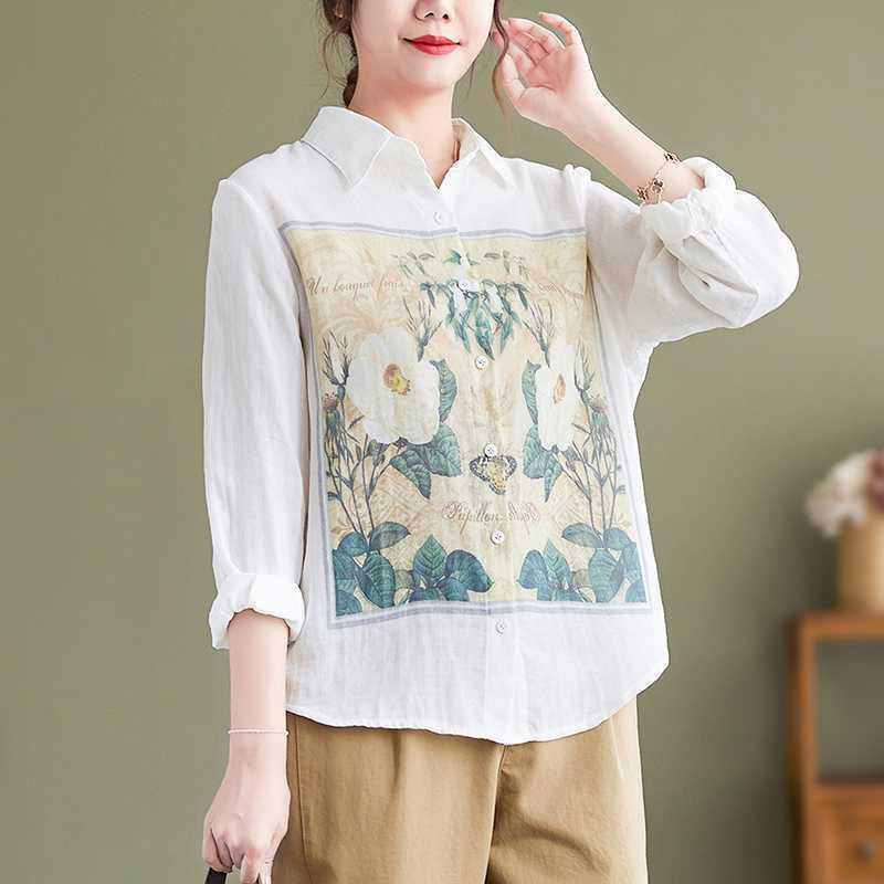 シャツ レディース 秋冬 ダブルガーゼ 長袖 花柄 プリント 着痩せ 体型カバー カジュアル きれいめ 通勤 オフィス おしゃれ 上品 ポロ襟 綿 ストレートシルエット 前開き(x2)