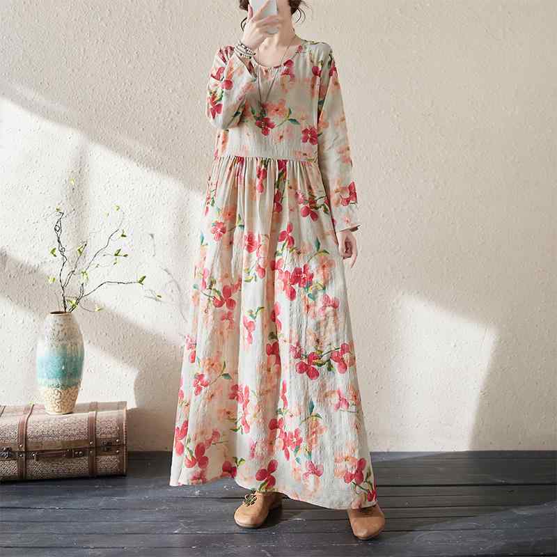 ワンピース レディース 体型カバー ゆったり 花柄 ロング丈 春夏 リゾート 旅行 カジュアル 綿麻 フレアスカート ラウンドネック 長袖 フリル袖 Aライン プリント(4)