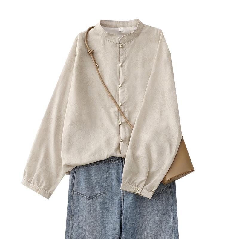 シャツ レディース ゆったり 長袖 綿麻 無地 ラウンドネック 前開き ボタン ミドル丈 きれいめ カジュ..