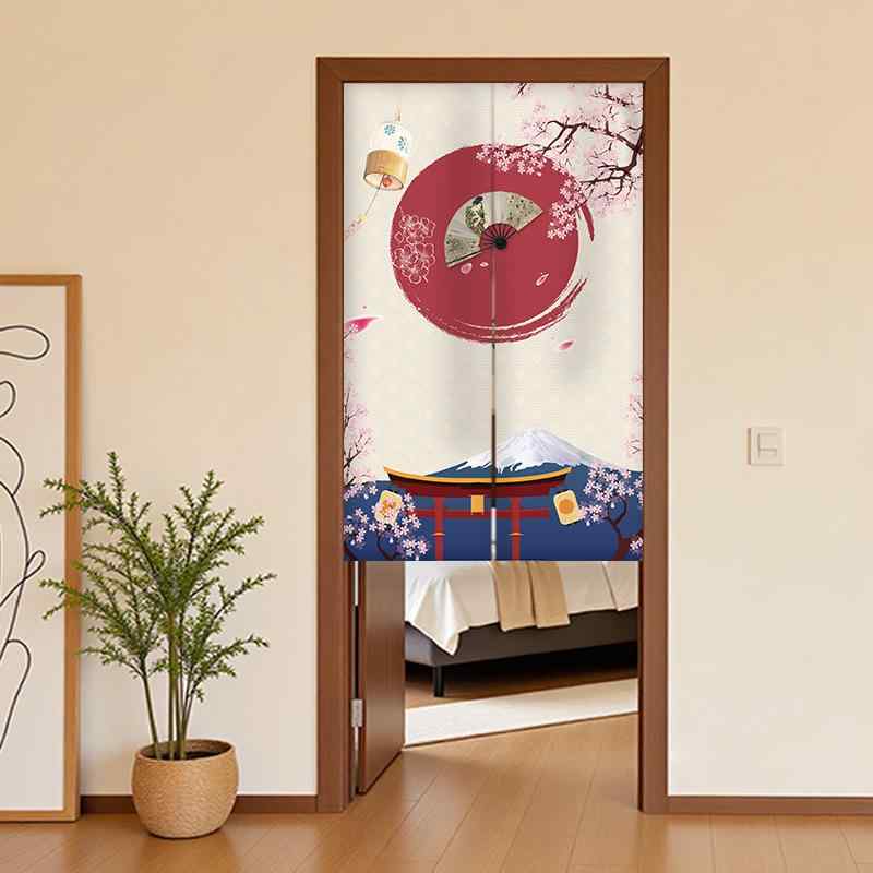 のれん 穴開け不要 つっぱり式 和風 桜柄 綿麻 ファブリック 間仕切り 目隠し キッチン ダイニング 寝室 浴室 トイレ 脱衣所 玄関 カフェカーテン