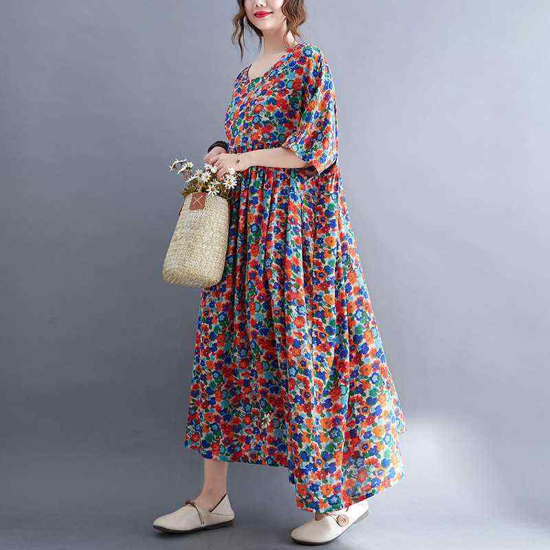 ワンピース レディース 森ガール風 田園風 レトロ アンティーク調 花柄 プリント 綿麻混 通気性 快適 ゆったり 半袖 クルーネック プルオーバー Aライン フレア ミモレ丈 カジュアル ナチュラル 春夏(x2)