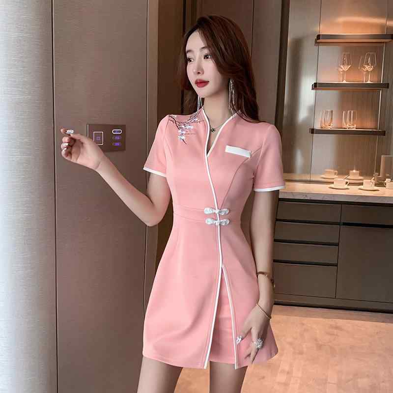 ユニフォーム ワンピース レディース セクシー 吸汗速乾 エステ サロン スパ 施術着 制服 美容院 足つぼ サウナ 技師服 ポリエステル 半袖 ラウンドネック 春夏秋(x2)