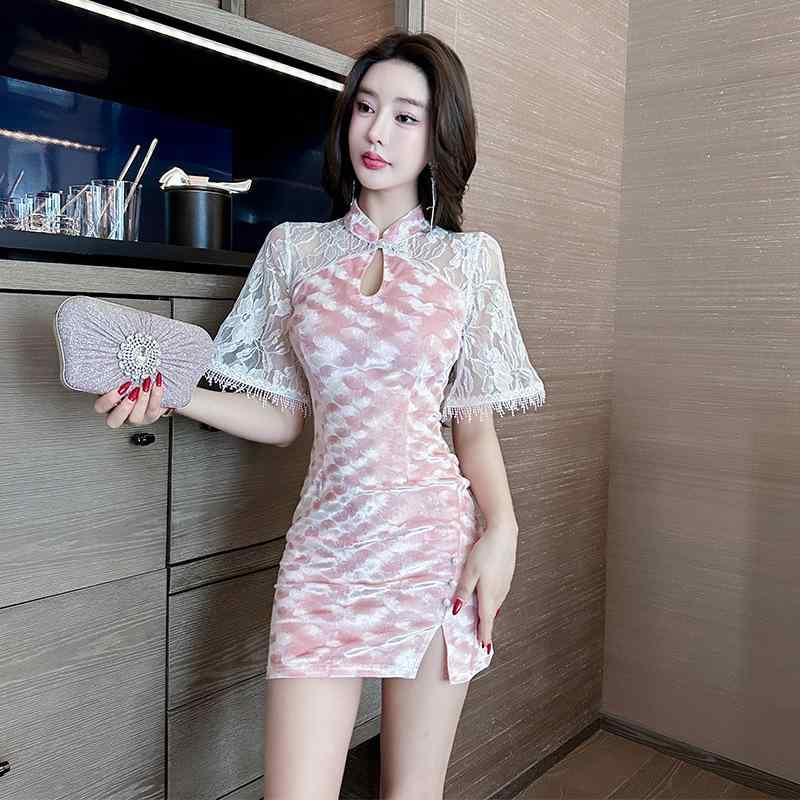 ワンピース 新中華風 レトロ レース Vネック 半袖 ショート丈 スタイルアップ 細見え 体型カバー 改良チャイナドレス セクシー タイト パーティ ドレス(x2)