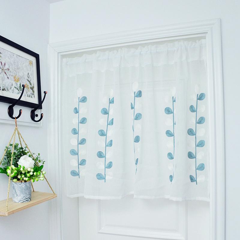 のれん カフェカーテン ショート丈 刺繍 リーフ柄 目隠し 間仕切り 多目的カーテン シンプル 北欧スタ..