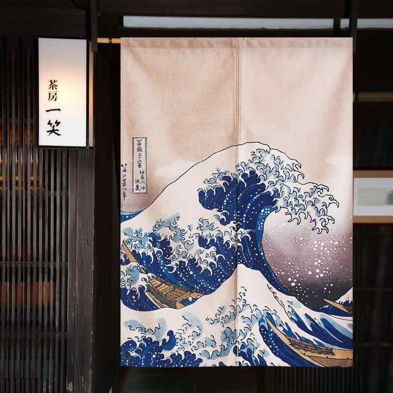 のれん 和風 浮世絵柄 穴あけ不要 突っ張り棒式 間仕切り 目隠し ショート丈 布製 綿混 おしゃれ 家庭用 リビング 寝室 キッチン トイレ 洗面所 廊下