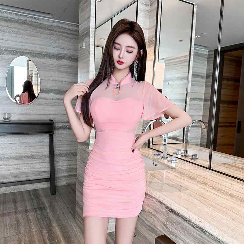 ワンピース レディース 改良チャイナドレス 純欲風 セクシー 細見え タイト Vネック 半袖 ヒップライン強調 ナイトクラブ キャバドレス ラウンジ パーティードレス(x2)