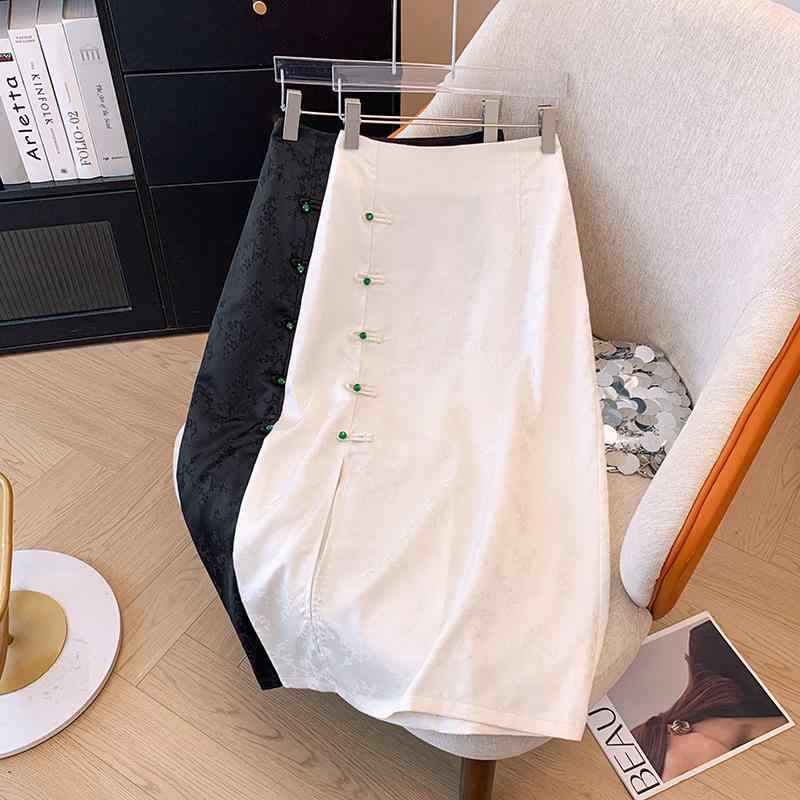 スカート レディース チャイナモダン ジャガード レトロ ハイウエスト スリット タイトスカート ポリエステル ミモレ丈 きれいめ 通勤