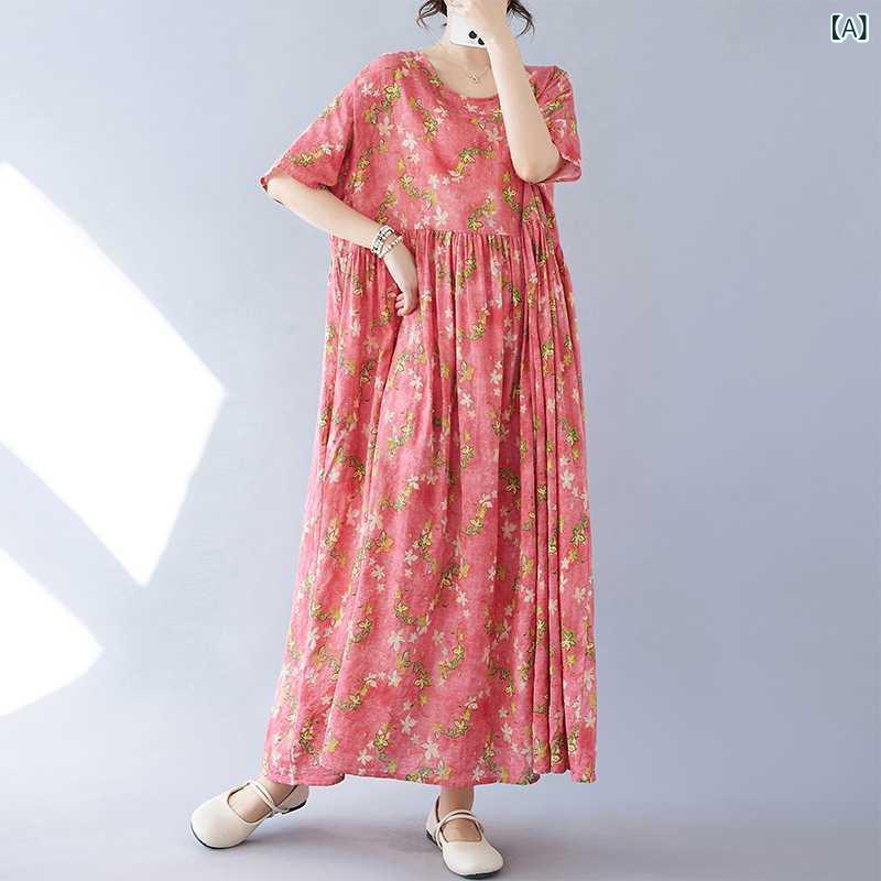 ワンピース レディース ボヘミアン柄 エスニック柄 ロング丈 マキシ丈 半袖 フリル袖 ラウンドネック 丸首 ゆったり 大きいサイズ 体型カバー 綿麻 コットンリネン 涼しい 快適 春夏 リゾート カジュアル(x2)