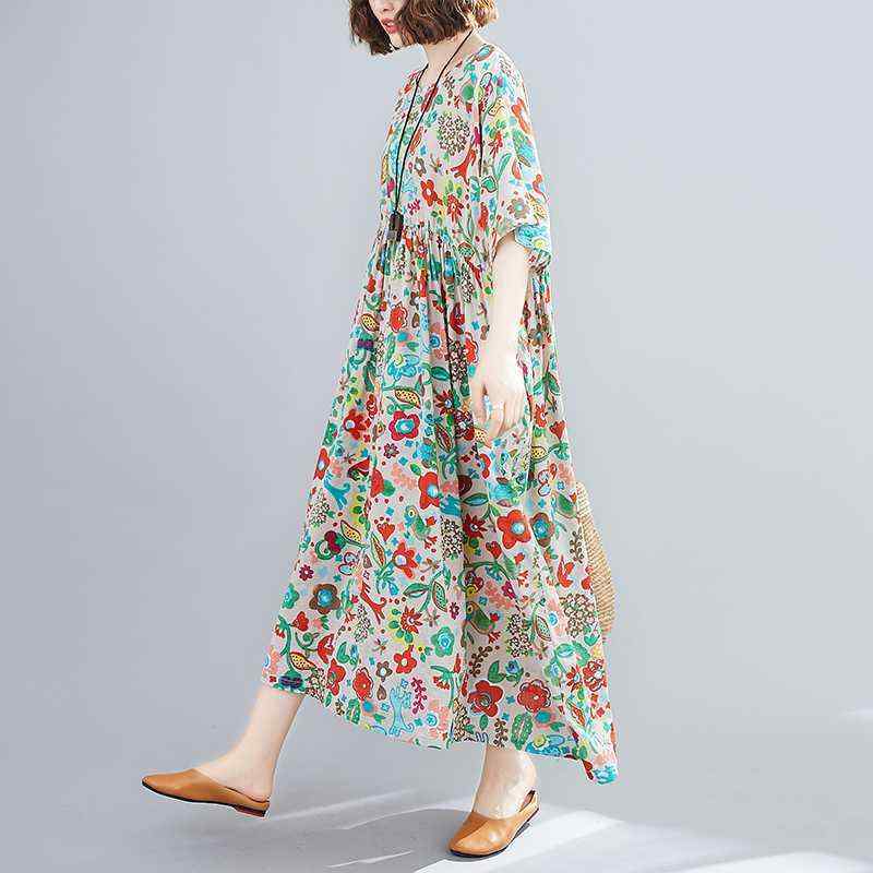 ワンピース レディース ゆったりサイズ エスニック柄 プリント 半袖 ラウンドネック フレア ロング丈 コットンリネン 花柄 夏物 カジュアル リラックス(x2)