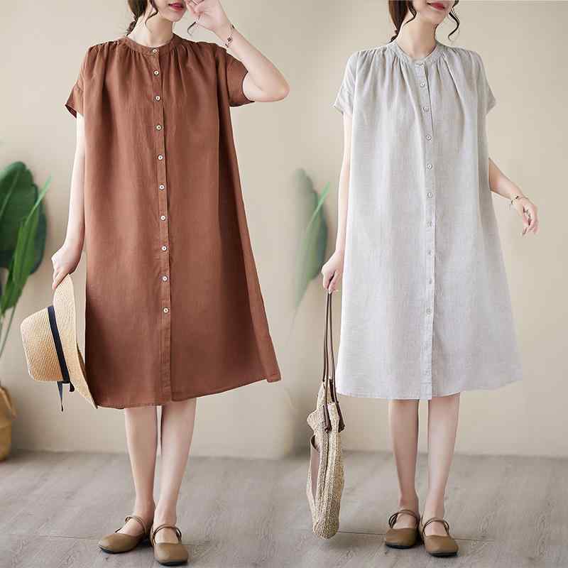 ワンピース レディース 軽量 接触冷感 綿麻 リネンブレンド Aライン シャツワンピース 無地 半袖 フレアスリーブ ギャザーデザイン ミディ丈 ゆったり カジュアル(x2)