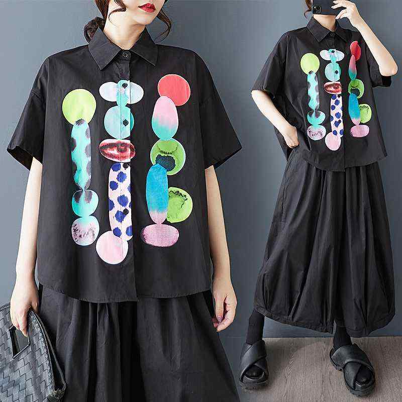 シャツ レディース 春夏 ゆったり 大きいサイズ 半袖 プリント柄 カジュアル シンプル 通勤 フェミニン 綿麻素材 シャツ襟 ブラック(x2)