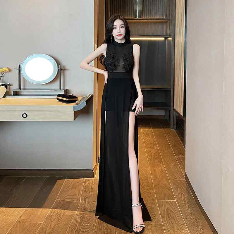 ドレス レディース セクシー シースルー スリット フロア丈ロングドレス ナイトクラブ イブニングドレス 演奏会ドレス パーティードレス ステージ衣装 ノースリーブ スタンドカラー ハイウエスト 切り替え ブラック ホワイト