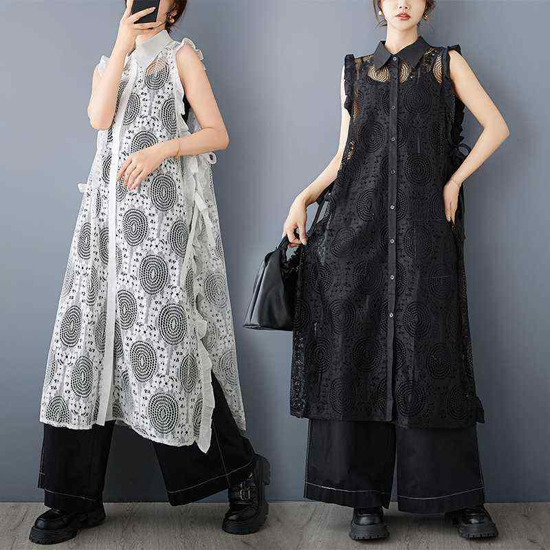 ワンピース レディース 春夏 ゆったり 上品 デザイン 無地 レース ジレワンピース 前開き リボン付き ポロ襟 Aライン ノースリーブ 綿麻混 ミモレ丈 カジュアル(x2)