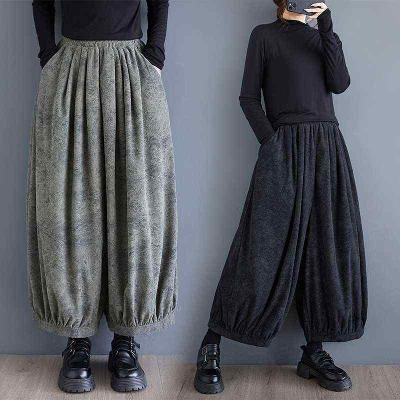 パンツ レディース 快適 ゆったり オーバーサイズ ワイド 9分丈 ドレープ感 スカンツ コットンリネン 春夏 韓国風 カジュアルスタイル(x2)