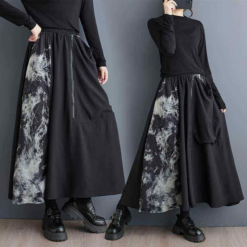 スカート 秋冬 Aライン ロング丈 切り替え プリント柄 チュール素材 軽量 着痩せ きれいめ オフィススタイル 大人カジュアル 着回し 民族風 ブラック フリーサイズ(x2)