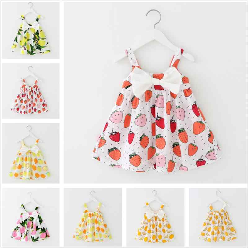 ワンピース 女の子 ベビー キッズ 韓国風 ビッグリボン キャミソール 綿100% コットン 通気性 いちご柄 レモン柄 フルーツ柄 春夏 プリンセスライン フレア