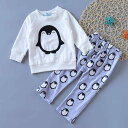 ベビー服 女の子 韓国風 ペンギン柄 長袖 ボトムス パンツセットアップ 上下セット 春秋 綿混 ルームウェア ホワイト