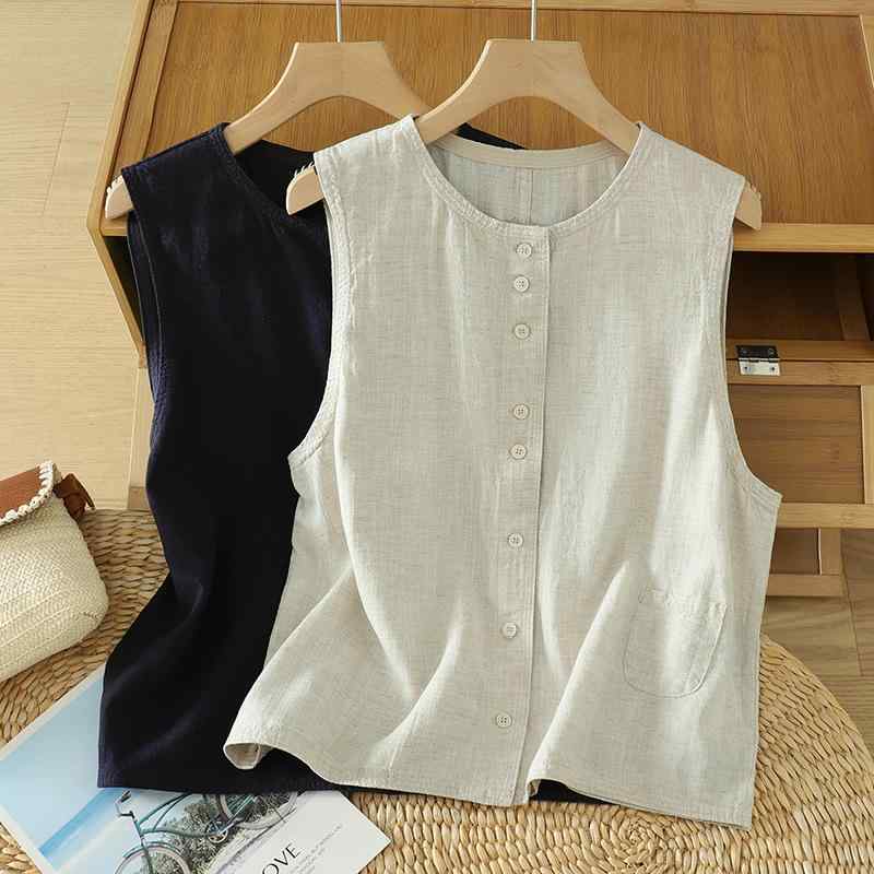 ベスト レディース カジュアル ゆったり 大きいサイズ レトロ ヴィンテージ コットン 無地 ラウンドネック 前開き ボタン付き ジレ 春夏