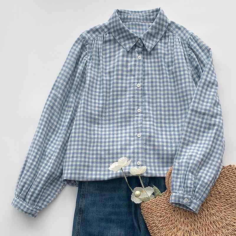 シャツ レディース 春夏 綿麻素材 チェック柄 柔らかな肌触り 快適 実用性 着回し ゆったり カジュアル ロングスリーブ 前開き レギュラーカラー(4)