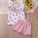 キッズ 女の子 半袖 ショートパンツ セットアップ 韓国風 かわいい アイスクリーム柄 コットン 薄手 柔らか素材 ピンク スカイブルー ルームウェア 通園 普段着 夏服 2点セット