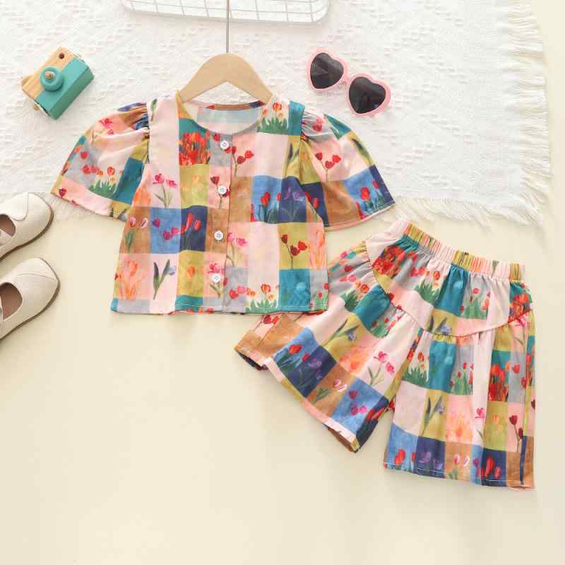 キッズ 女の子 UVカット 半袖 パフスリーブ 夏物 トップス ショートスカート セットアップ カラフル チェック柄 韓国風 カジュアル 2点セット