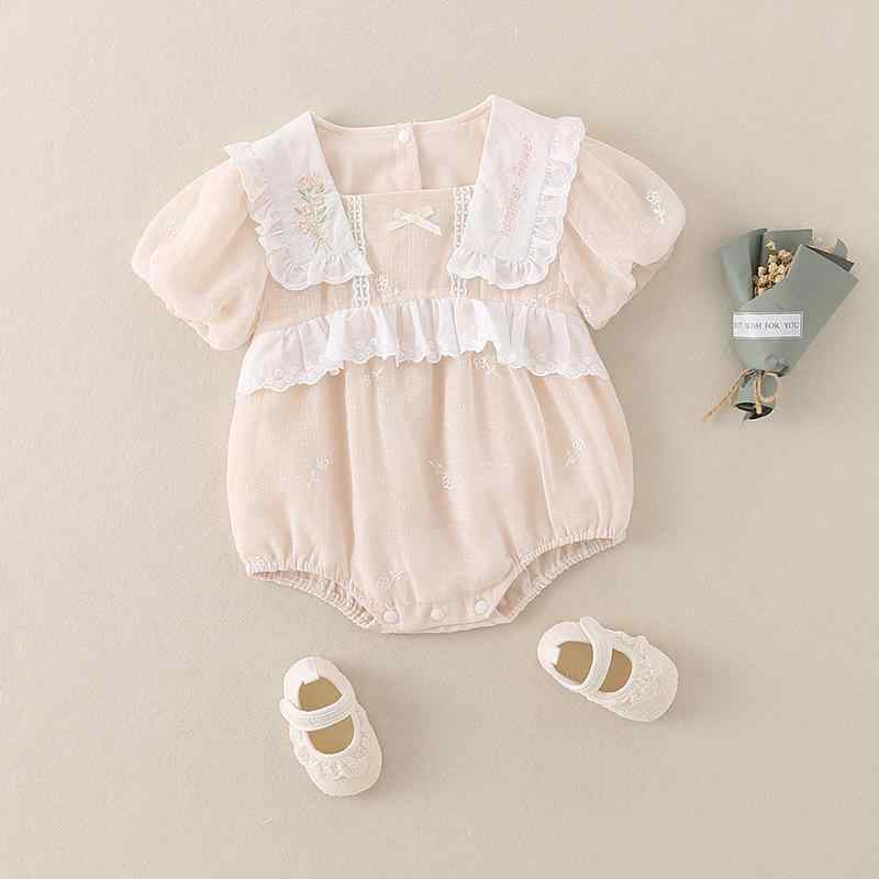 ロンパース 女の子 ベビー 新生児 半袖 レース刺繍 薄手 プルオーバー A類安全基準 ポリエステル製 春夏 プリンセス スイート かわいい ピンク 60 70 80 90サイズ