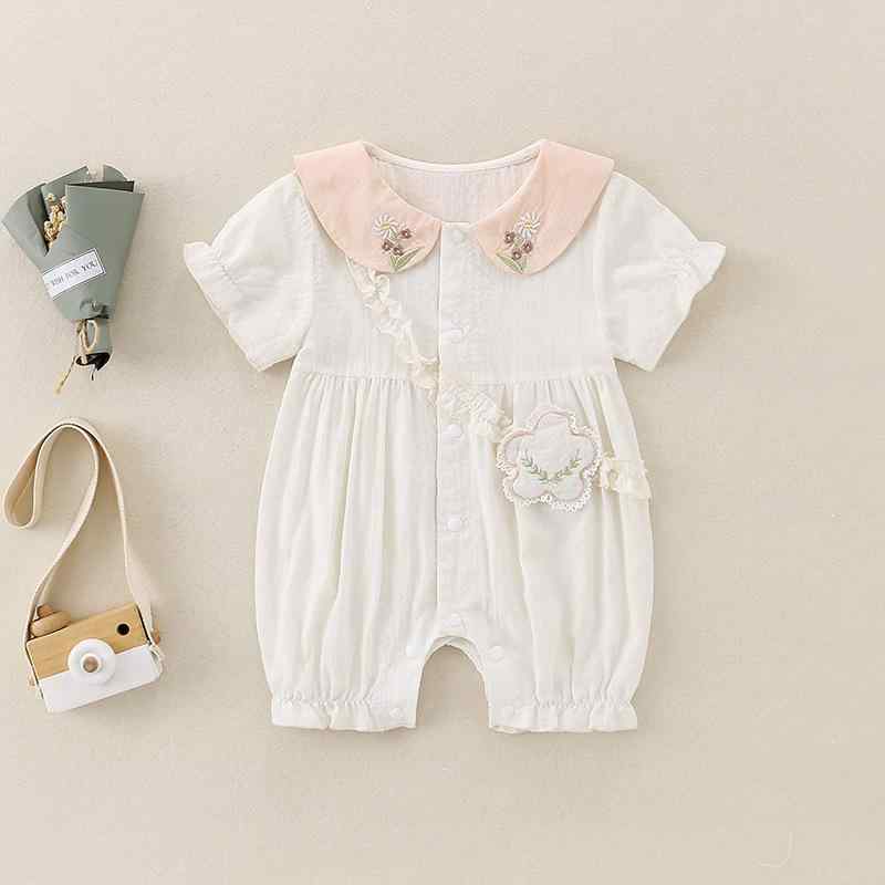 ロンパース 女の子 ベビー 春夏 かわいい スイート おしゃれ 半袖 綿100% 薄手 スナップボタン アイボリー お出かけ着 80 90 100cm カバーオール