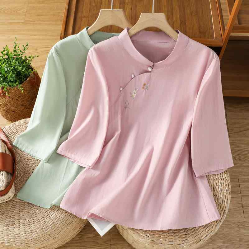 ブラウス レディース 新中華風 レトロ アンティーク風 スタンドカラー 五分袖 ゆったり プルオーバー 綿混 刺繍 体型カバー 春夏