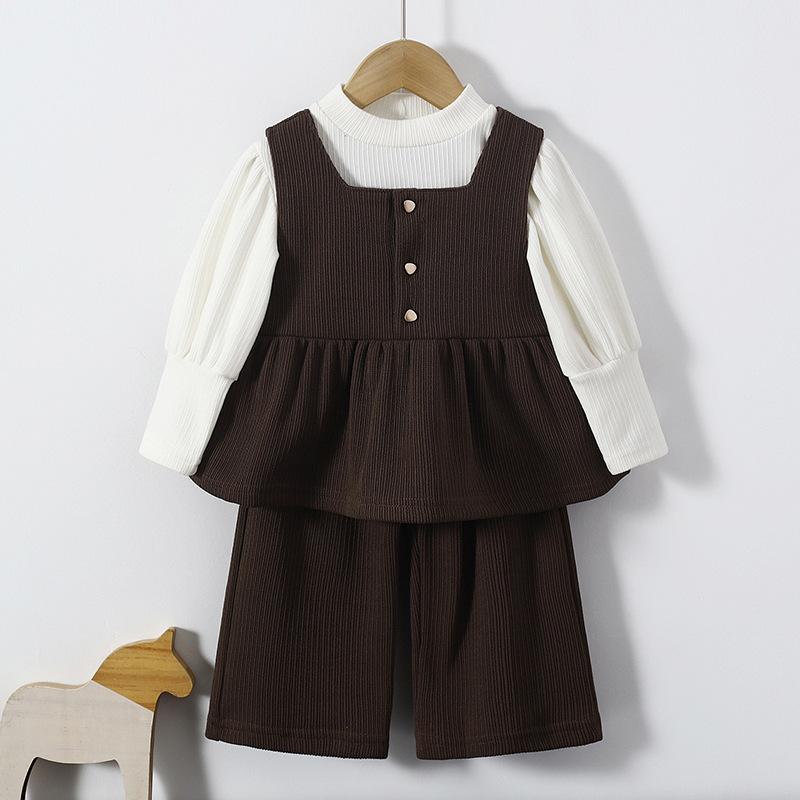 キッズ 女の子 ベビー 綿素材 肌触り柔らか ベスト ジャケット ロングパンツ 三点セット 秋冬 カジュアル 通園 お出かけ 部屋着 無地 カーキ グリーン 80cm 90cm 100cm