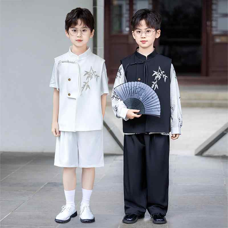 キッズ 男の子 ジュニア 漢服風 新中華風 刺繍 ベスト ショートパンツ シャツ セットアップ 発表会 舞..