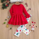 ジュニア 女の子 ソフトタッチ 長袖 クルーネック フレアスリーブ フリル裾トップス クリスマス キャラクタープリント ロングパンツ パンツセット 2点セット レッド 秋冬