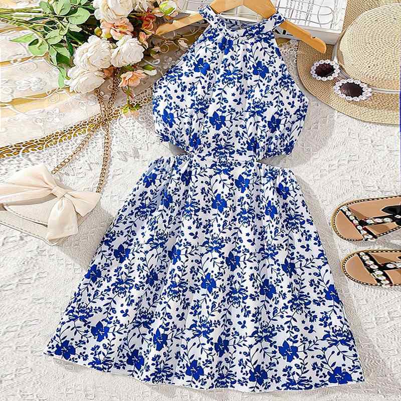 ワンピース 女の子 キッズ ジュニア 小学生 中学生 ロマンティック スイート 田園風 リゾート 小花柄 フラワープリント ウエスト開き ノースリーブ Aライン ポリエステル 春夏 お出かけ 通学 普段着