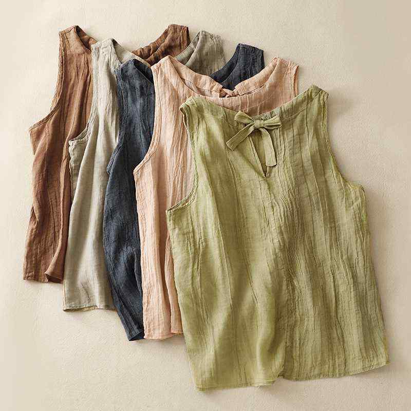 タンクトップ レディース 接触冷感 プリーツ加工 ゆったり 無地 天丝 綿麻混紡 レトロ カジュアル 春夏(x2)
