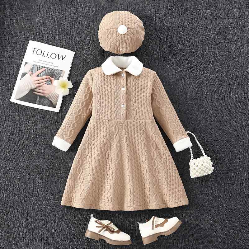ワンピース 女の子 子供服 ジュニア キッズ 襟付き ケーブルニット 長袖 Aライン カーキ色 かわいい 柔..