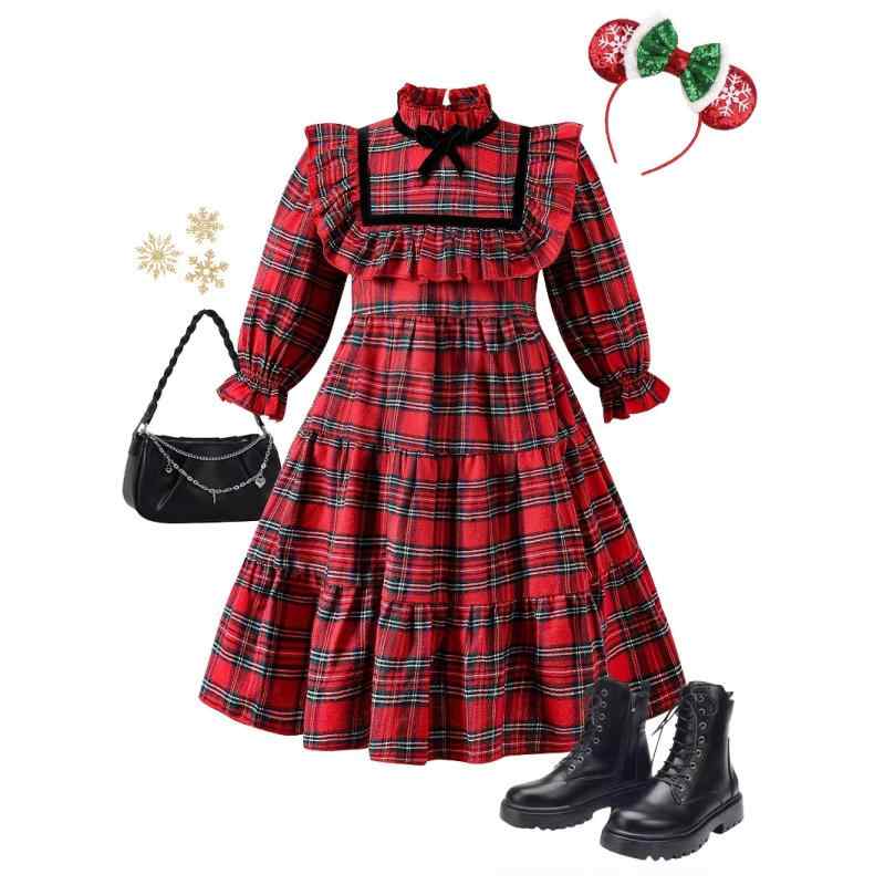ワンピース 女の子 クリスマス レッド ロリータ風 かわいい チェック柄 フリル ハイネック リボン 長袖 Aライン プリンセスドレス 発表会 パーティー 秋冬